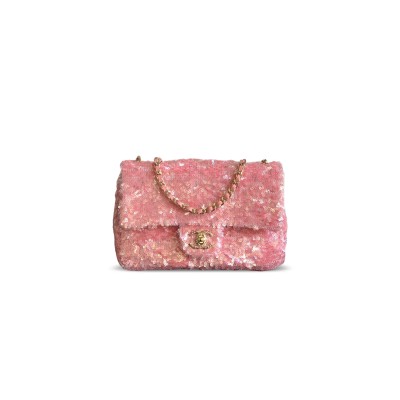 CHANEL MASTER FLAP BAG SEQUINS & GOLD-TONE METAL GOLDEN & PINK AS4561 (21*14*8cm)